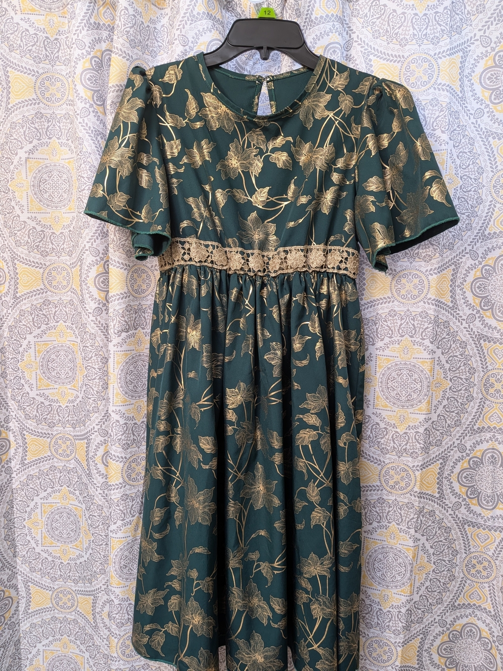 Green Floral Lace-Trim Midi Dress